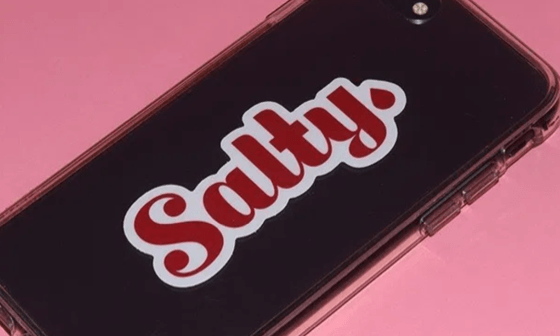 Salty branded sticker on the back of a phone