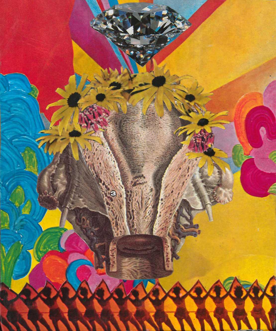 colorful collage artwork featuring flowers, a diamond, and female dancers
