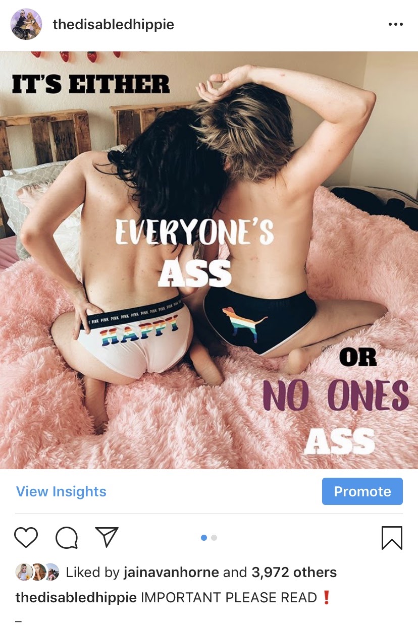 Screenshot of instagram post of two people in their underwear with backs to camera on bed. Text overlay reads "eveeryone's ass or no ones ass"