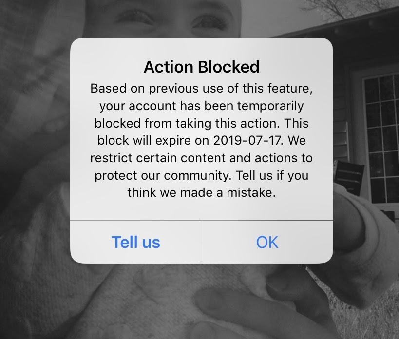 screenshot of message from instagram saying that the submitted post was blocked